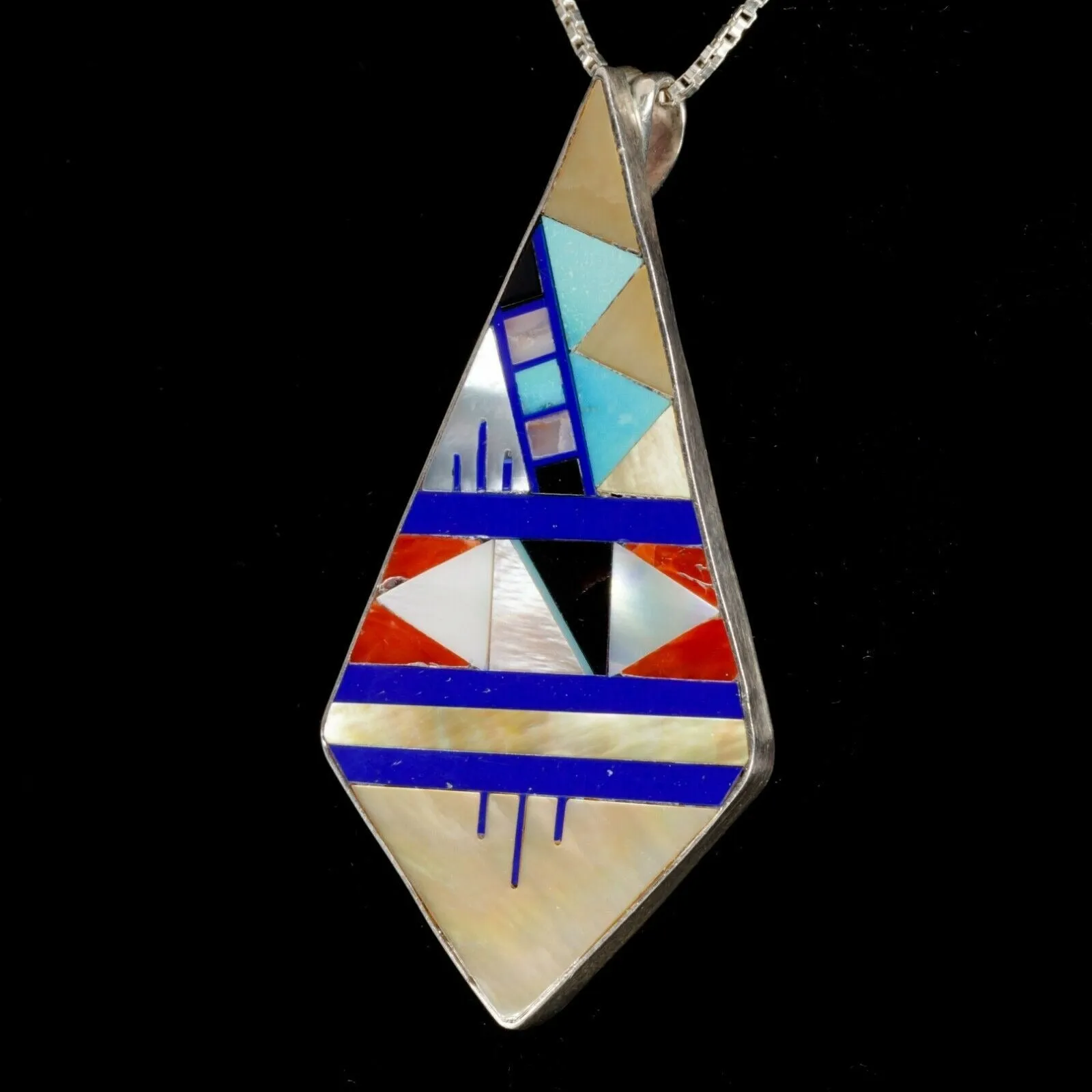 L. Lonjose zuni Sterling & gemstone inlay Kite Shape pendant 9.3gr