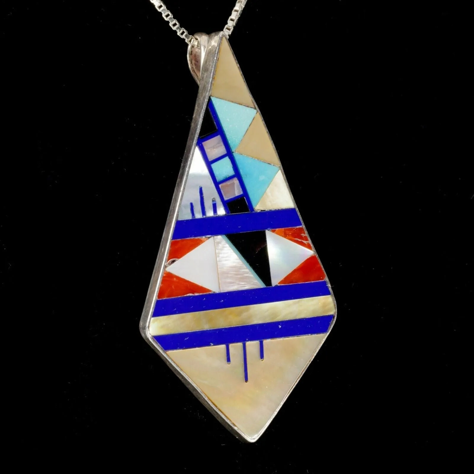 L. Lonjose zuni Sterling & gemstone inlay Kite Shape pendant 9.3gr
