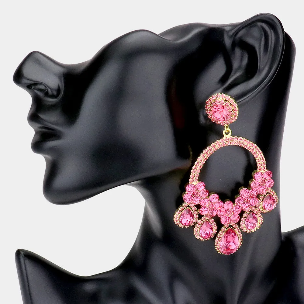 Large Pink Crystal Teardrop Open Chandelier Pageant Earrings | Prom Earrings | 526877