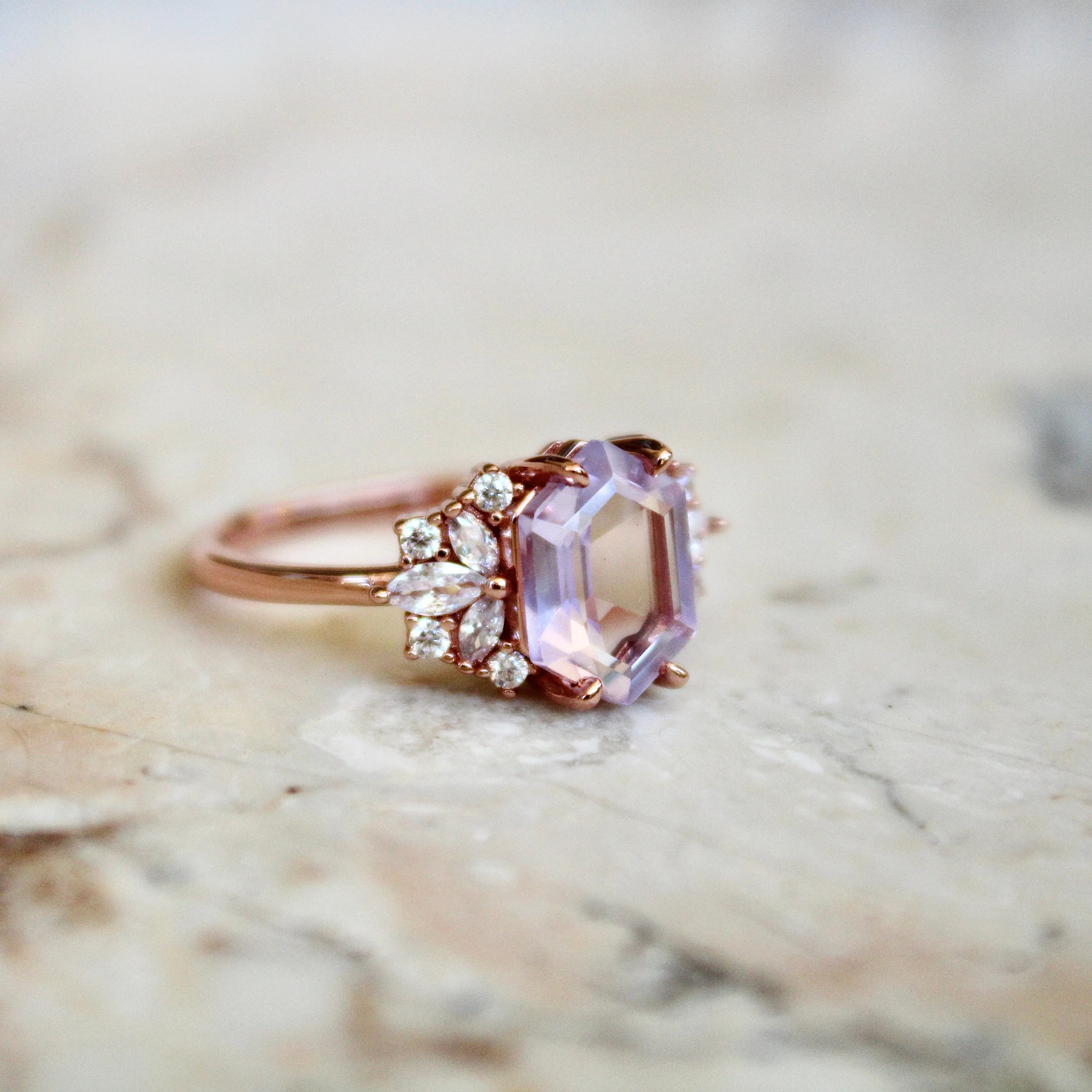 Lavender Quartz Hexagon Floral Ring