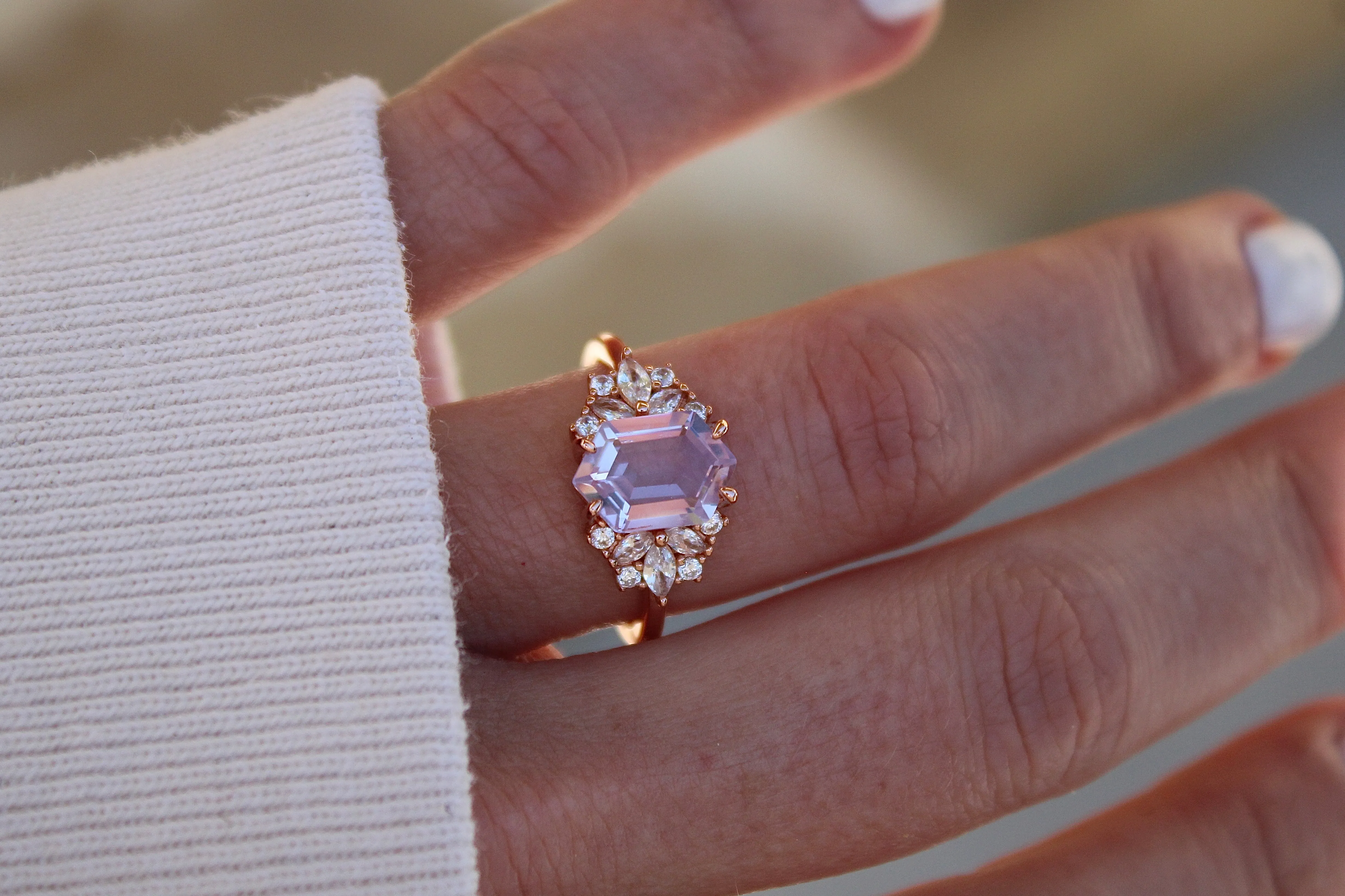 Lavender Quartz Hexagon Floral Ring