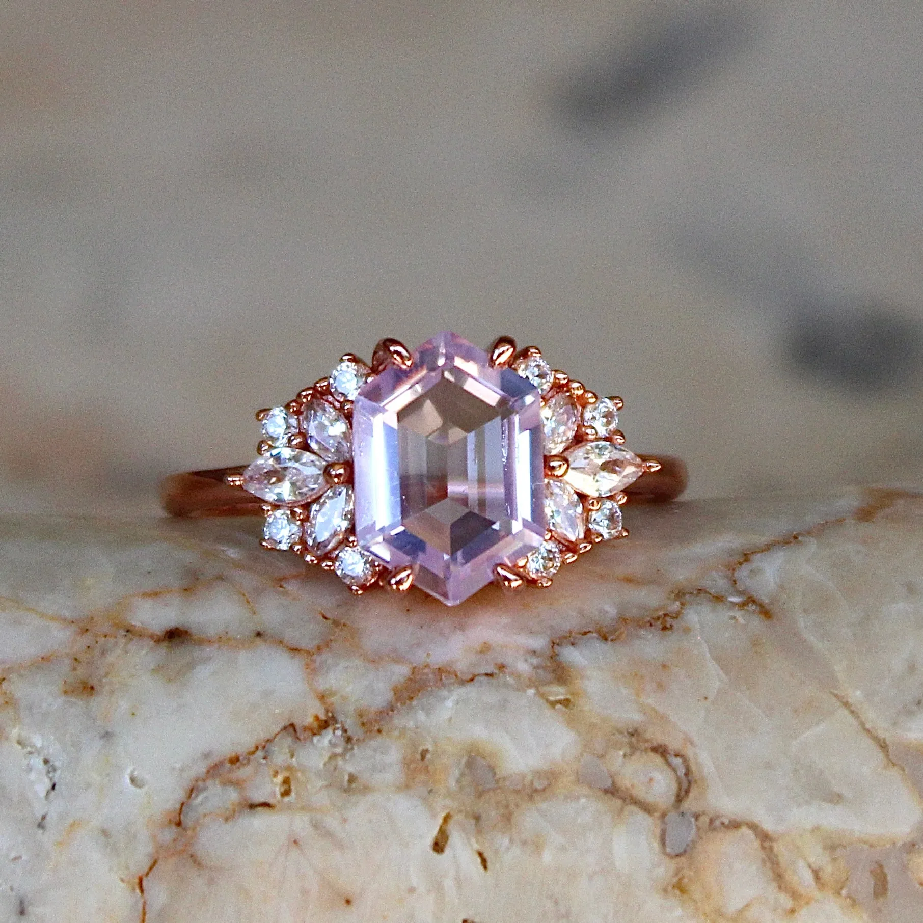 Lavender Quartz Hexagon Floral Ring