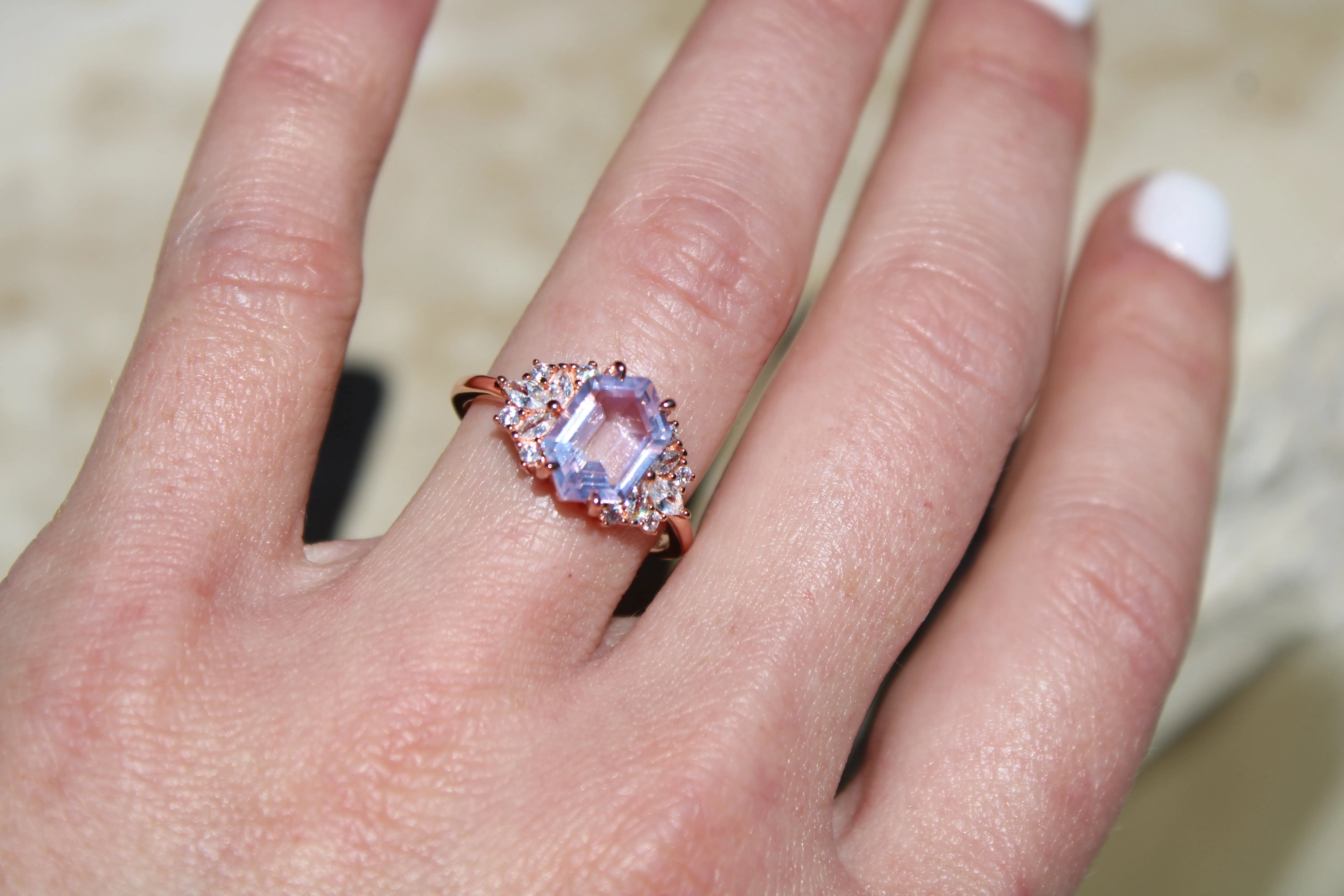 Lavender Quartz Hexagon Floral Ring