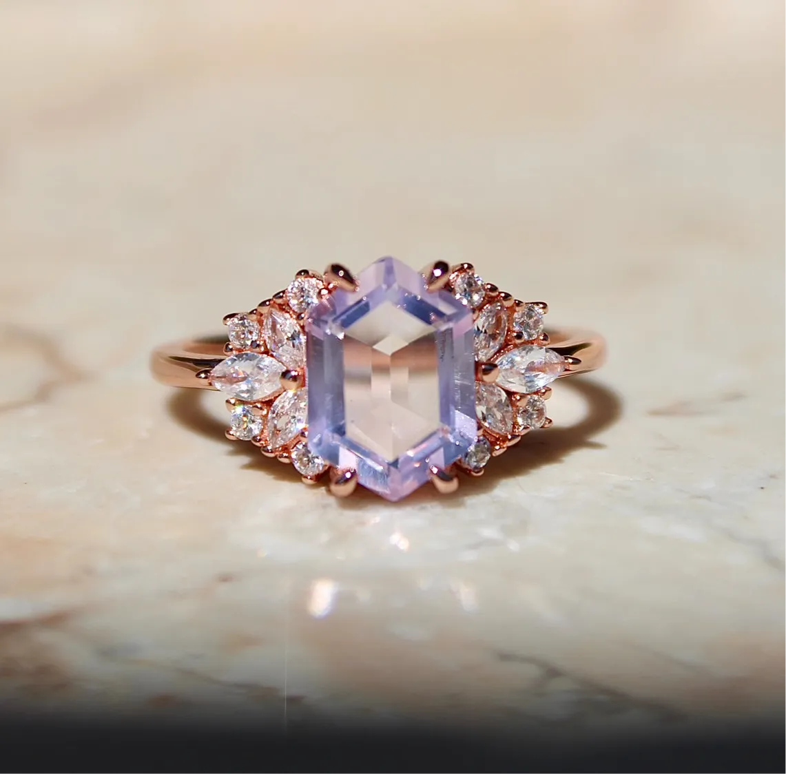 Lavender Quartz Hexagon Floral Ring