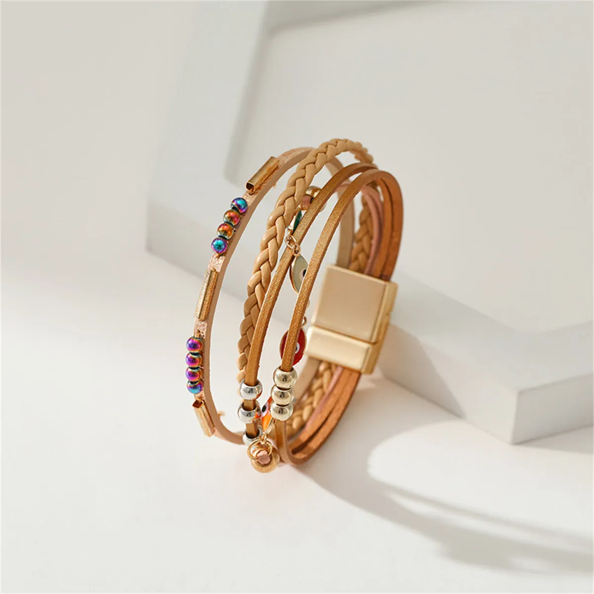 Light Brown Polystyrene & Enamel 18K Gold-Plated Evil Eye Multistrand Bracelet