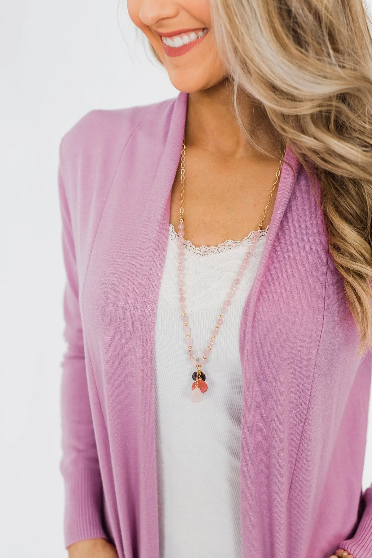 Long Beaded Crystal Necklace- Gold & Pink
