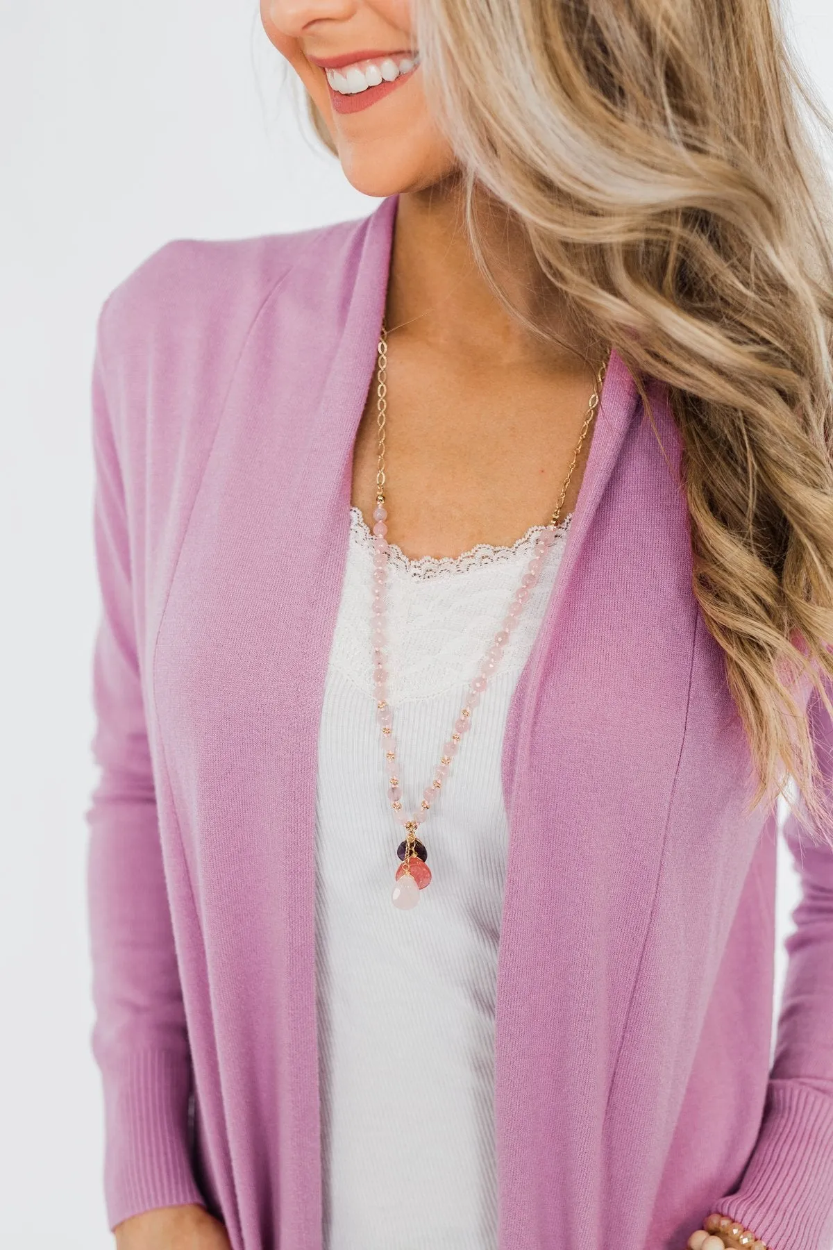 Long Beaded Crystal Necklace- Gold & Pink