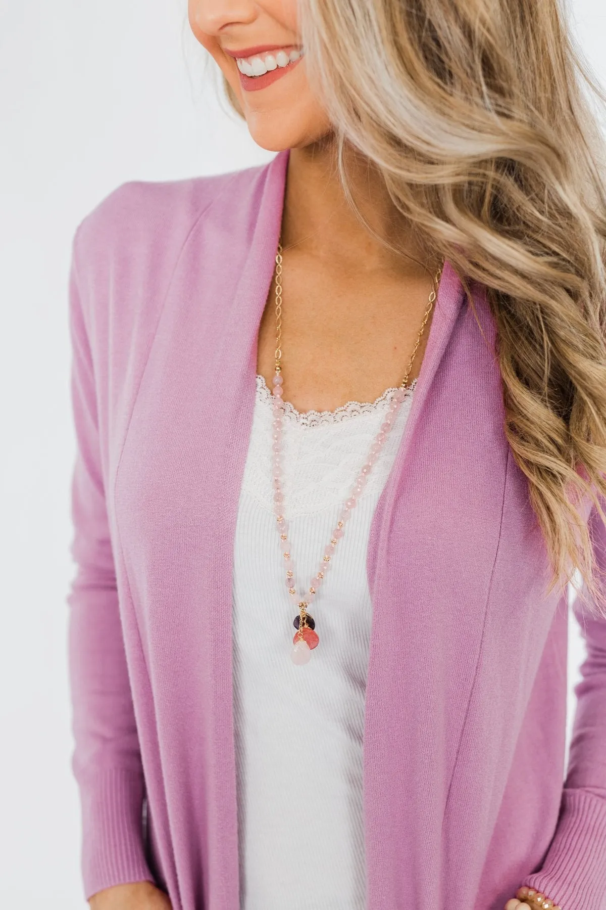 Long Beaded Crystal Necklace- Gold & Pink