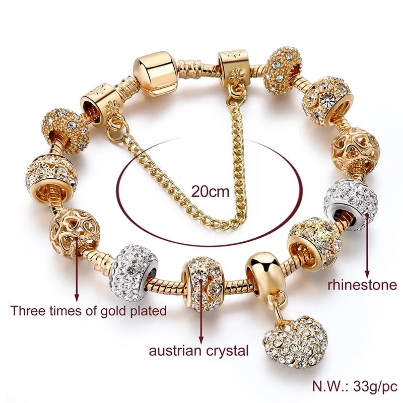 Luxury Crystal Heart Charm Bracelets&Bangles Gold Jewelery