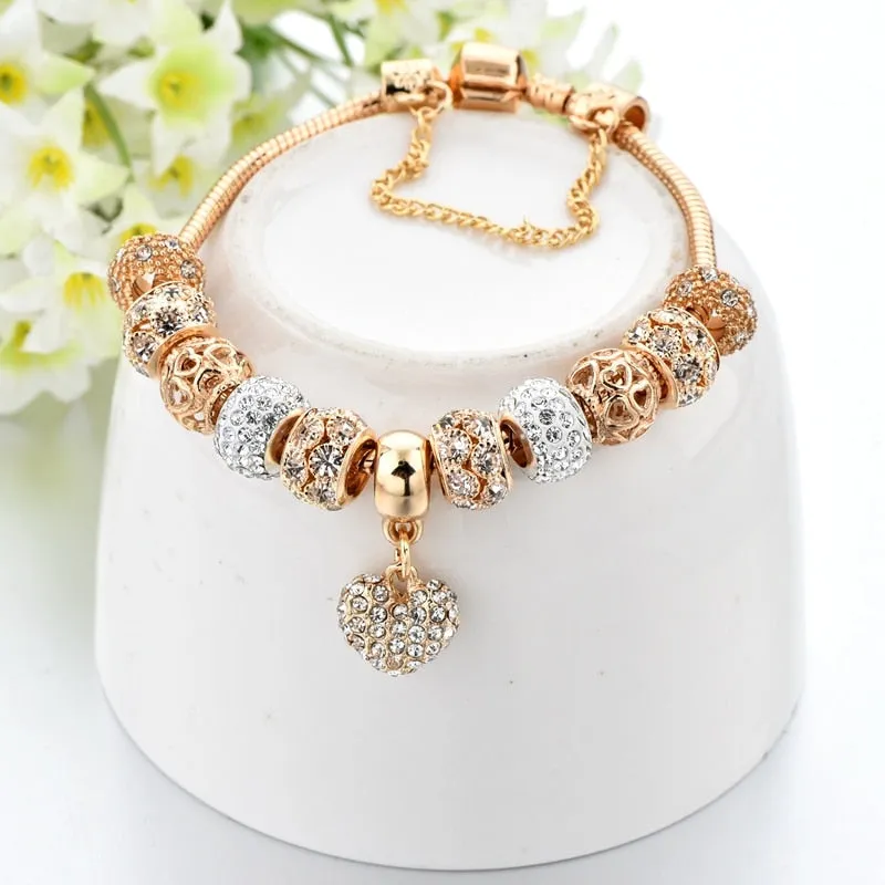 Luxury Crystal Heart Charm Bracelets&Bangles Gold Jewelery