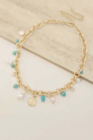 Maldives Turquoise, Pearl and Coin Charm 18k Gold Plated Necklace