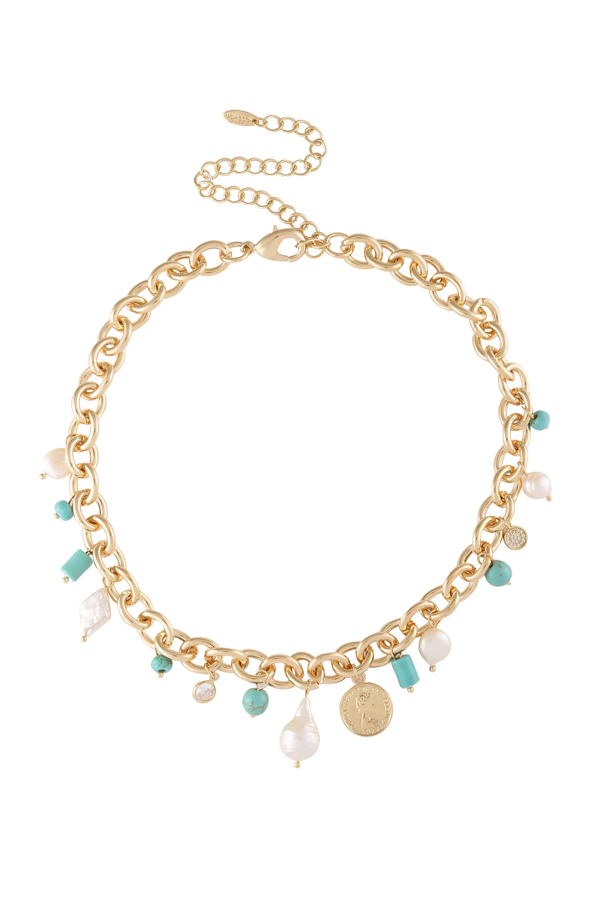 Maldives Turquoise, Pearl and Coin Charm 18k Gold Plated Necklace