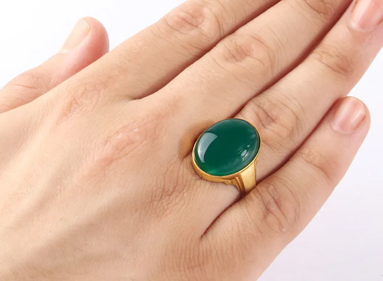 Men's Ring with Green Agate Natural Stone in 14k Yellow Gold
