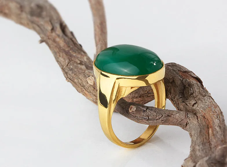 Men's Ring with Green Agate Natural Stone in 14k Yellow Gold