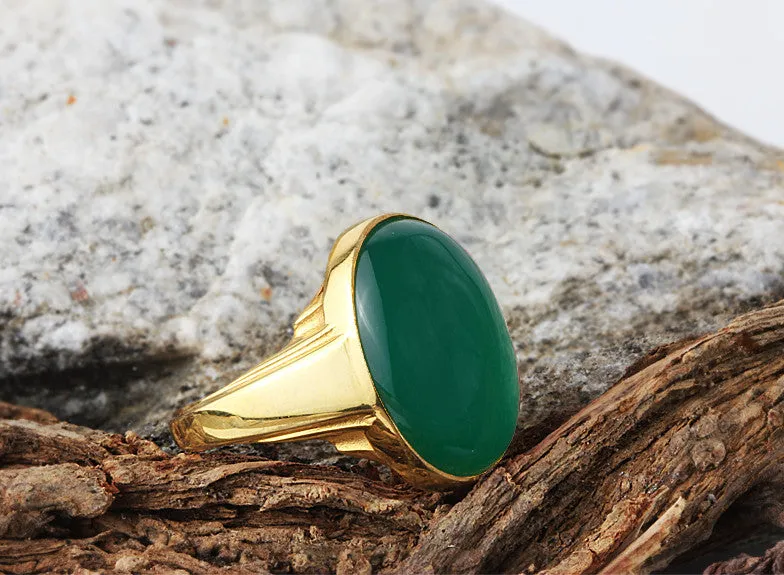 Men's Ring with Green Agate Natural Stone in 14k Yellow Gold