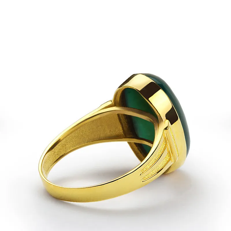 Men's Ring with Green Agate Stone in 14k Yellow Gold
