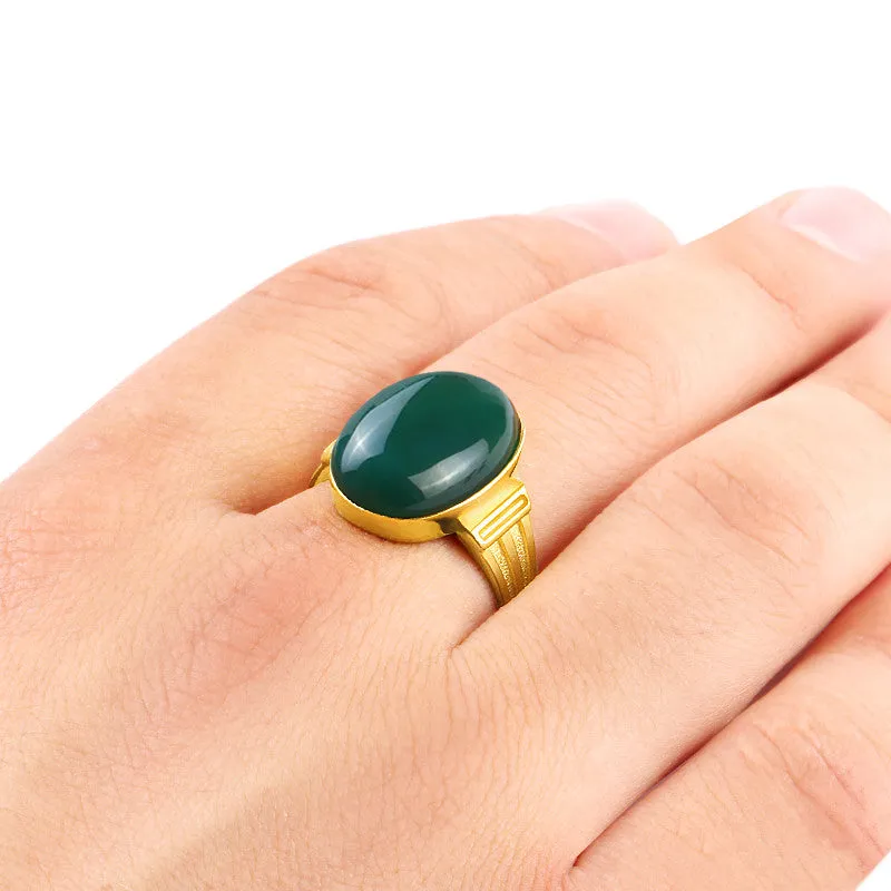 Men's Ring with Green Agate Stone in 14k Yellow Gold