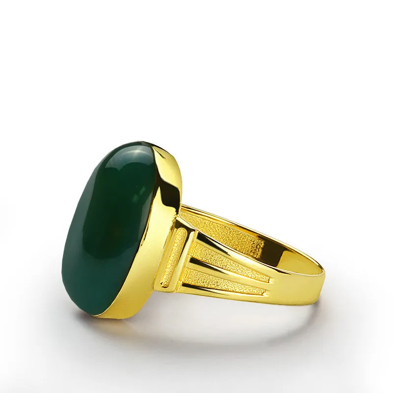 Men's Ring with Green Agate Stone in 14k Yellow Gold