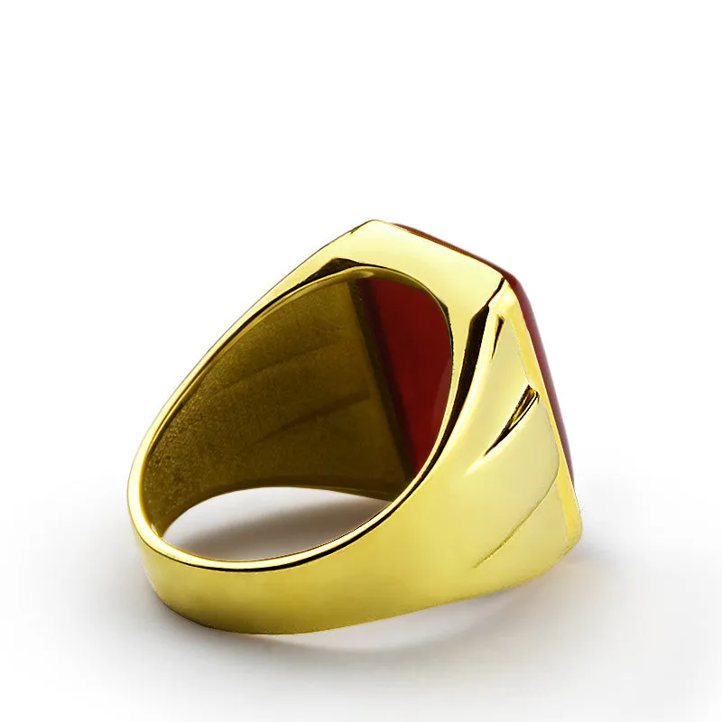 Men's Ring with Natural Red Agate Gemstone in 14k Yellow Gold