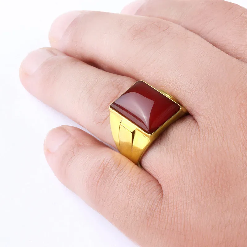 Men's Ring with Natural Red Agate Gemstone in 14k Yellow Gold