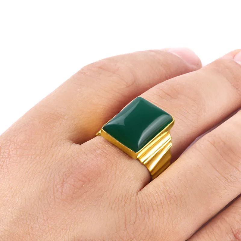 Men's Statement Ring in 14k Yellow Gold with Green Agate Natural Stone