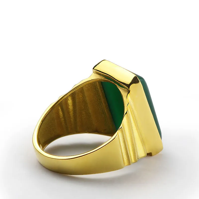 Men's Statement Ring in 14k Yellow Gold with Green Agate Natural Stone