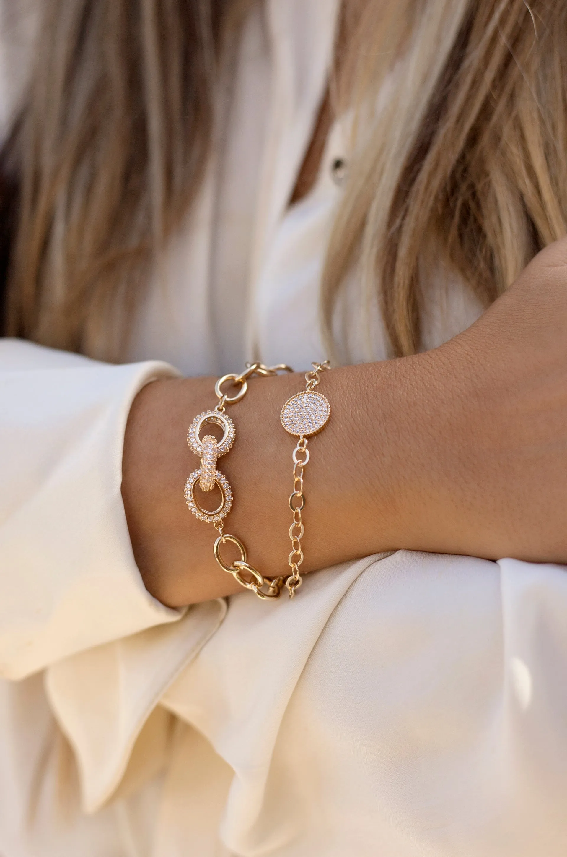 Mixed Crystal Disc & Link Chain Bracelet Set