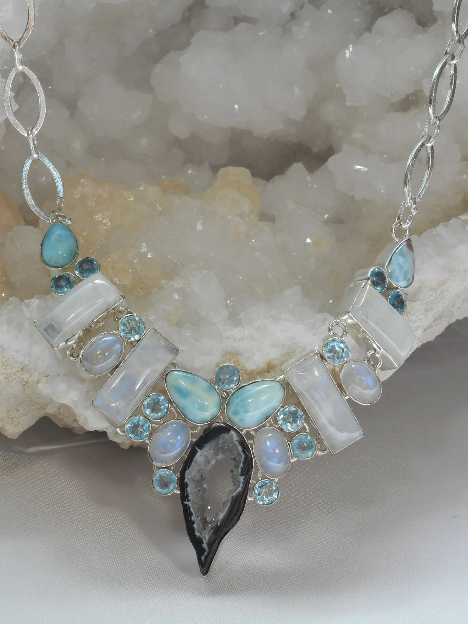 Moonstone and Blue Topaz Necklace with Larimar and CoCo Geode