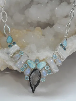 Moonstone and Blue Topaz Necklace with Larimar and CoCo Geode