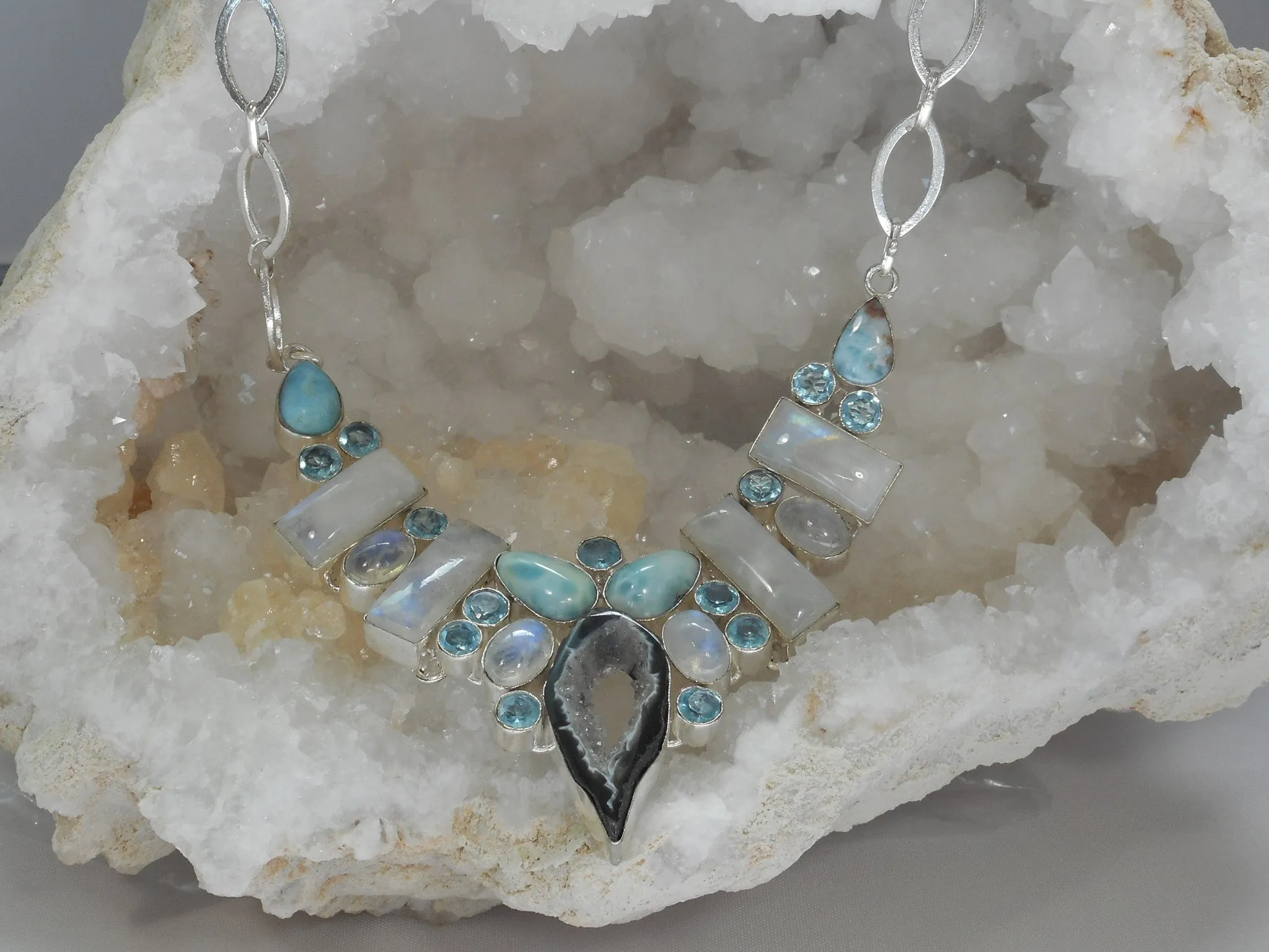 Moonstone and Blue Topaz Necklace with Larimar and CoCo Geode