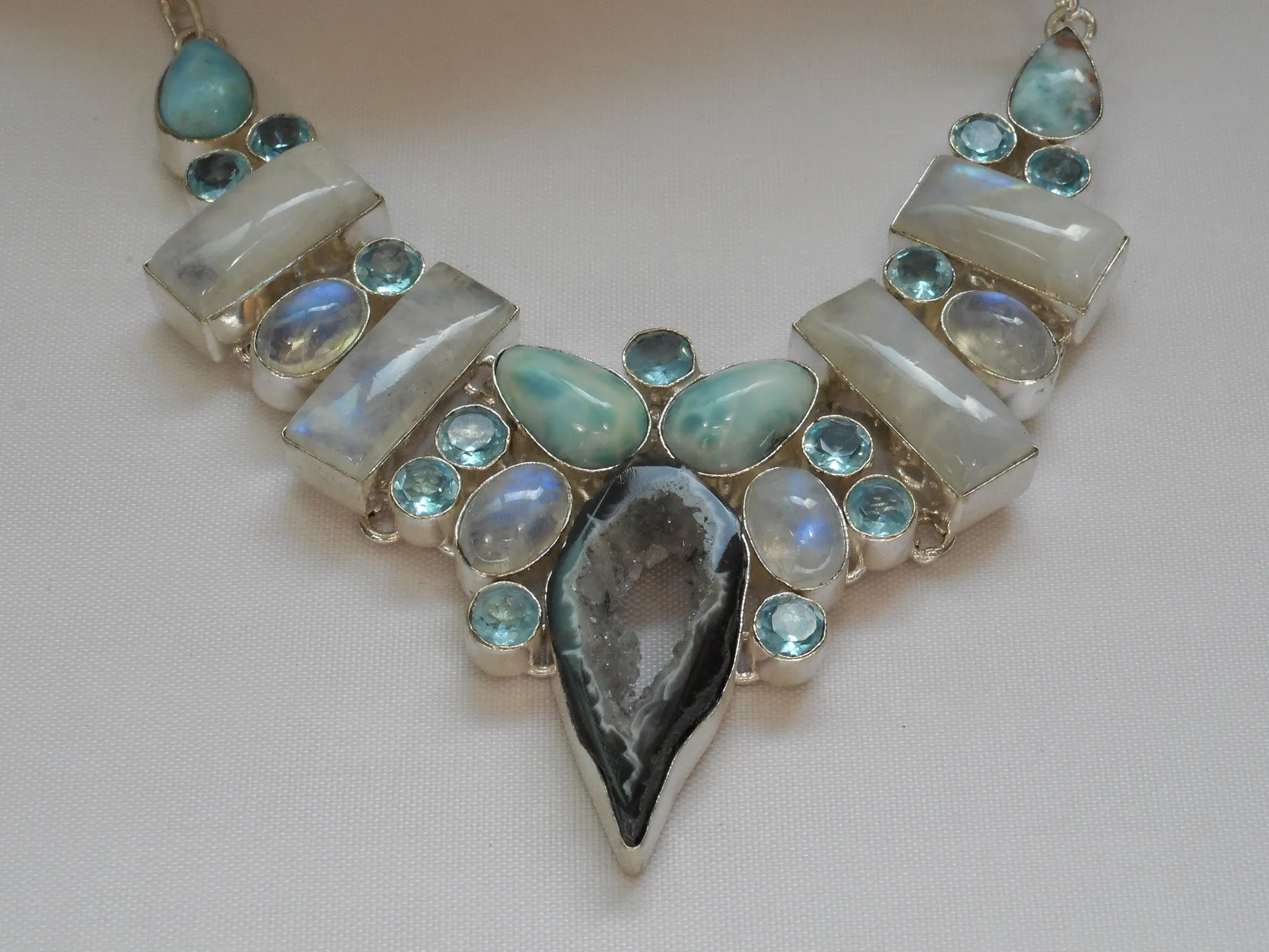 Moonstone and Blue Topaz Necklace with Larimar and CoCo Geode
