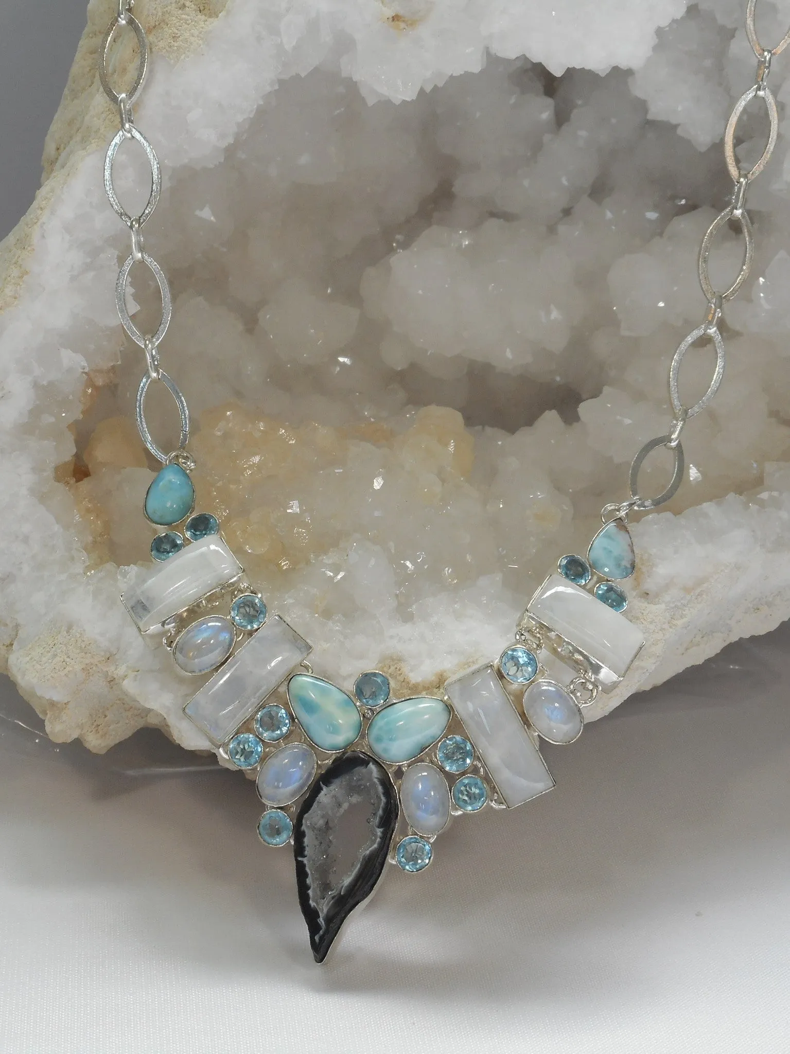 Moonstone and Blue Topaz Necklace with Larimar and CoCo Geode