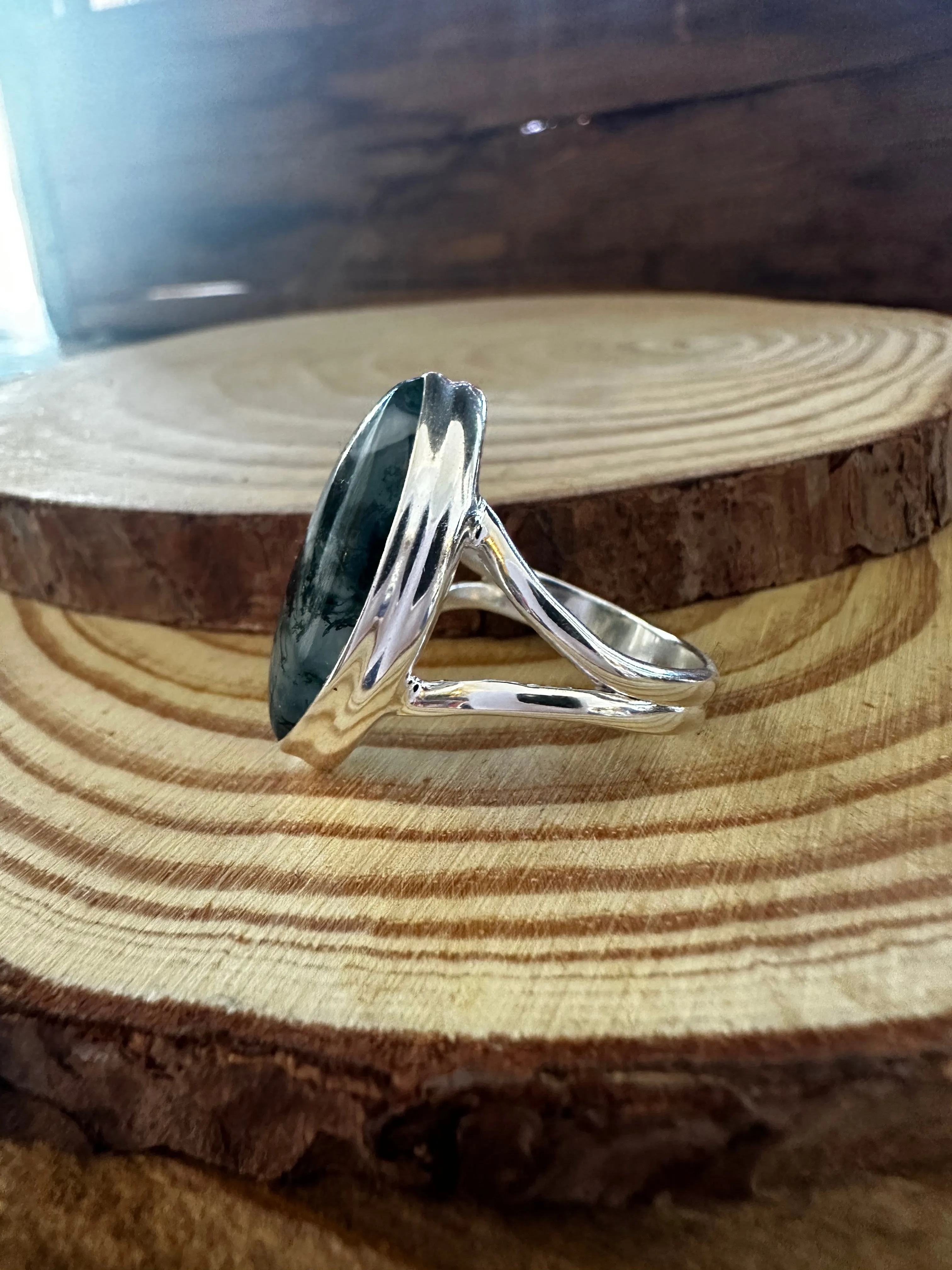 MOSS AGATE and Silver Ring • Size 8