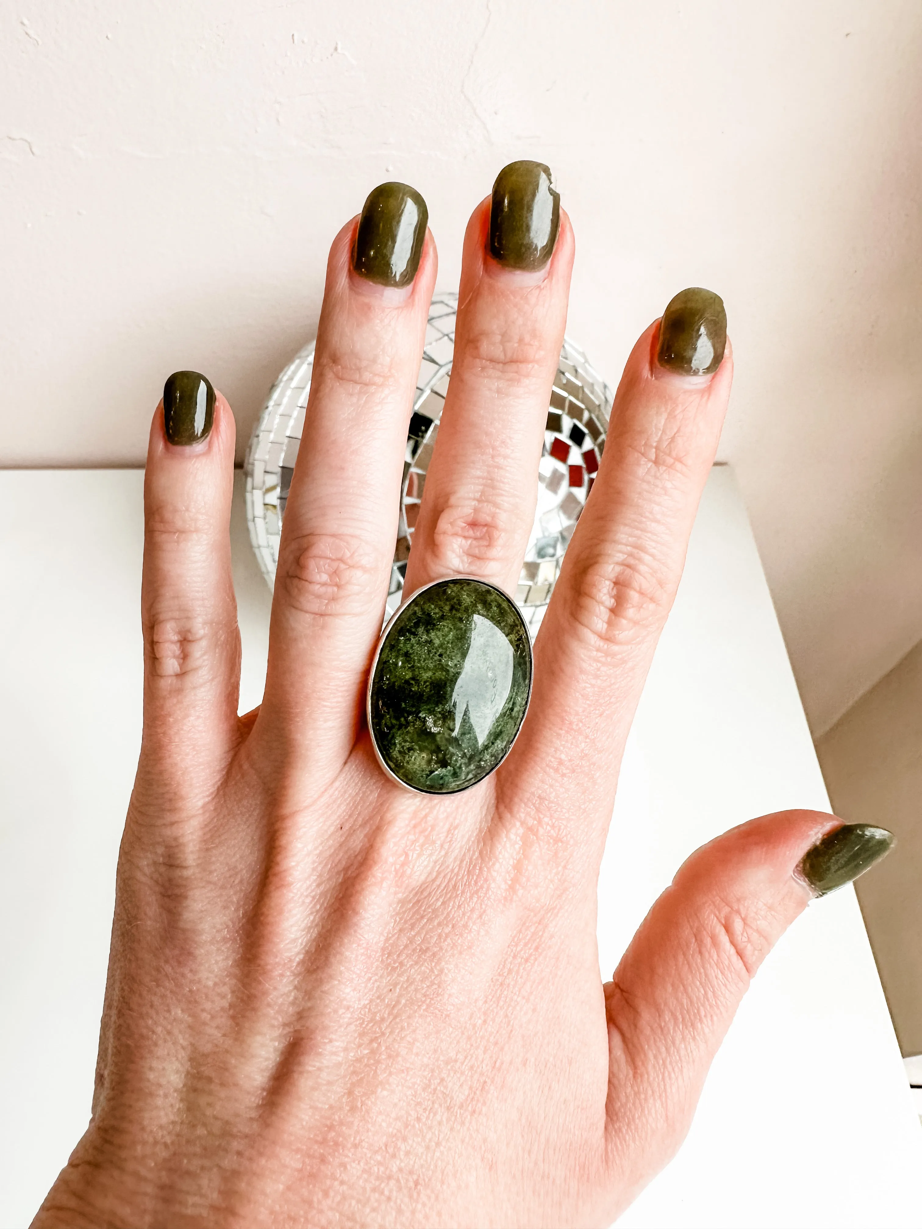 Moss Agate Sterling Silver Statement Ring - Size 8