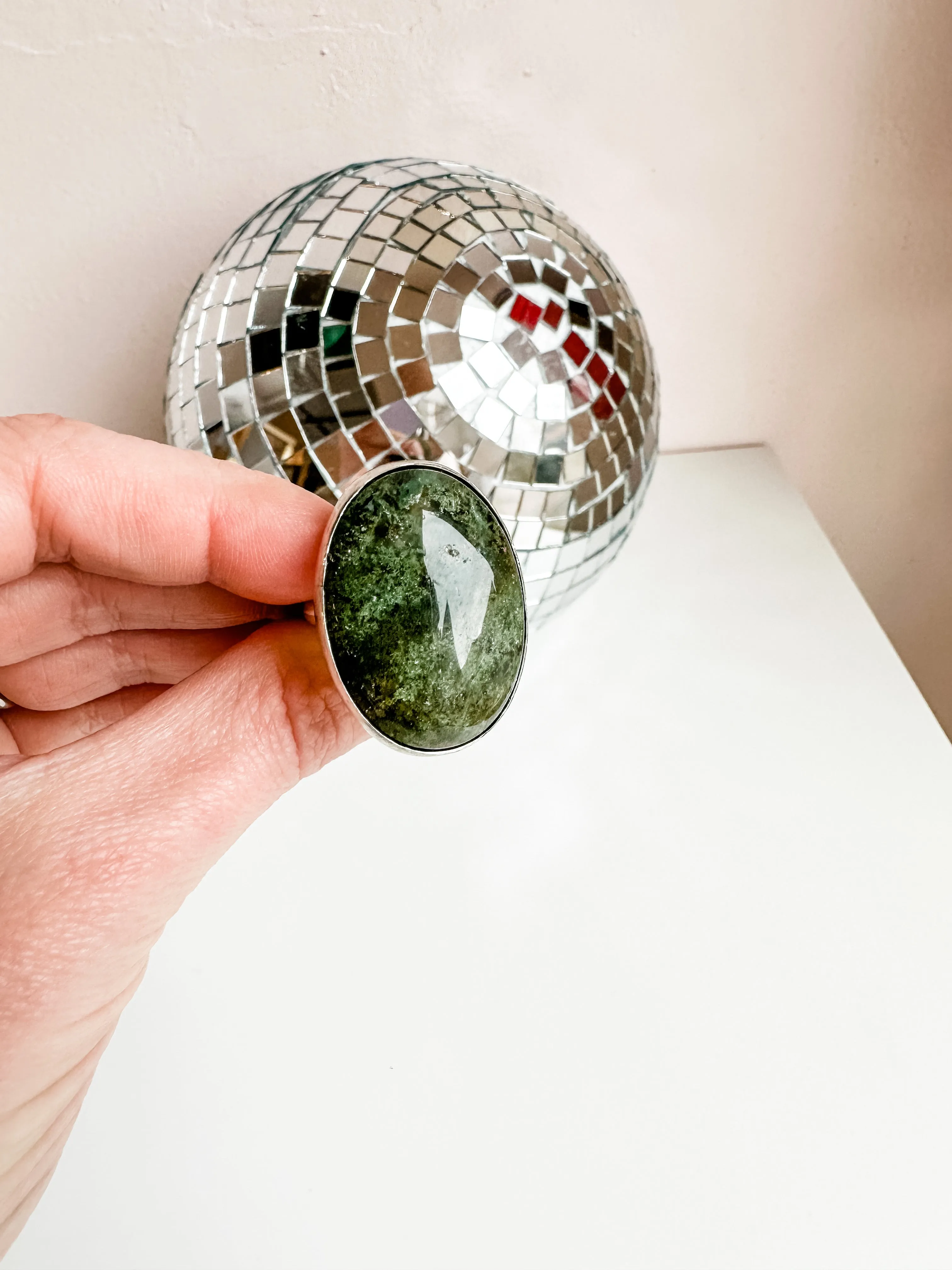 Moss Agate Sterling Silver Statement Ring - Size 8