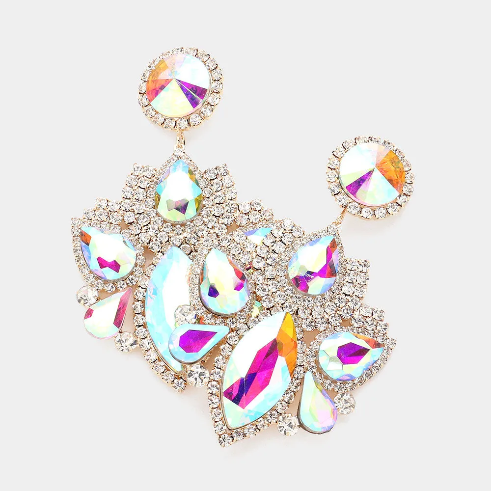 Multi AB Stone Rhinestone Embellished Chandelier Pageant Earrings on Gold | Prom Earrings |614939