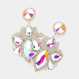 Multi AB Stone Rhinestone Embellished Chandelier Pageant Earrings on Gold | Prom Earrings |614939
