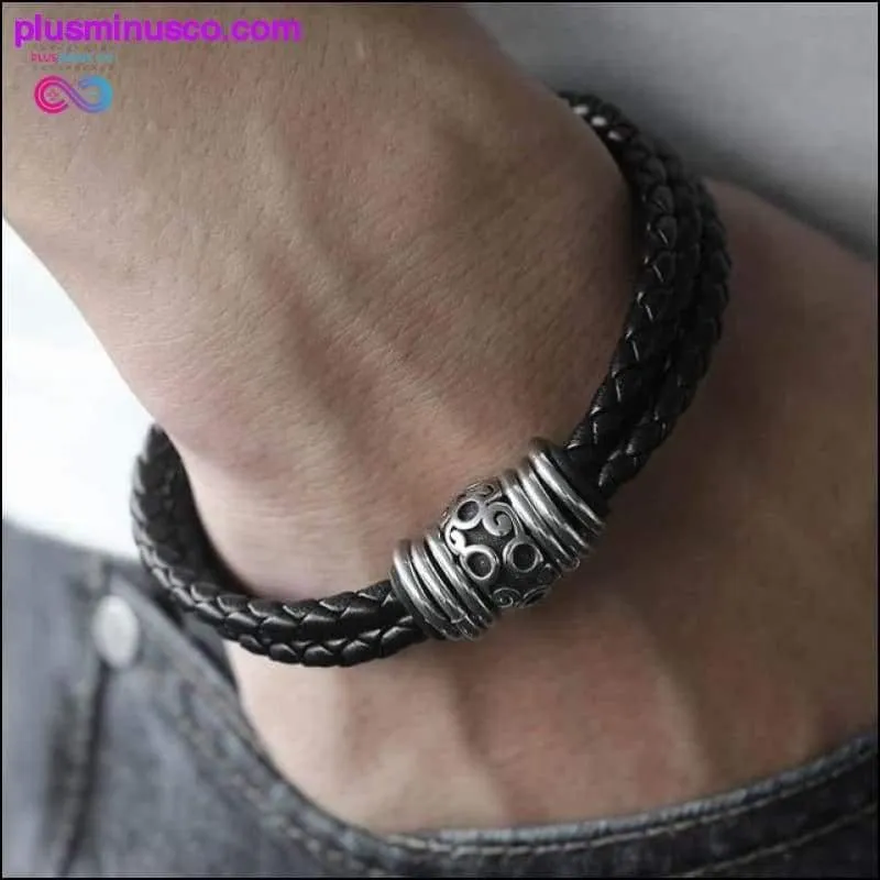 Multi-layer Braided Black Leather Stainless Steel Magnetic
