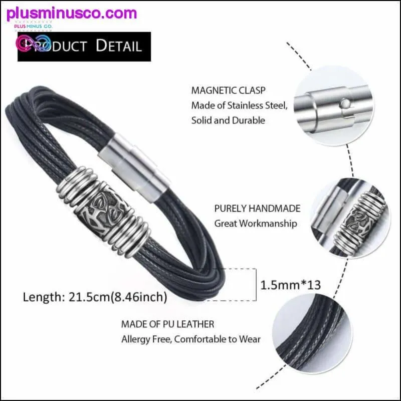 Multi-layer Braided Black Leather Stainless Steel Magnetic