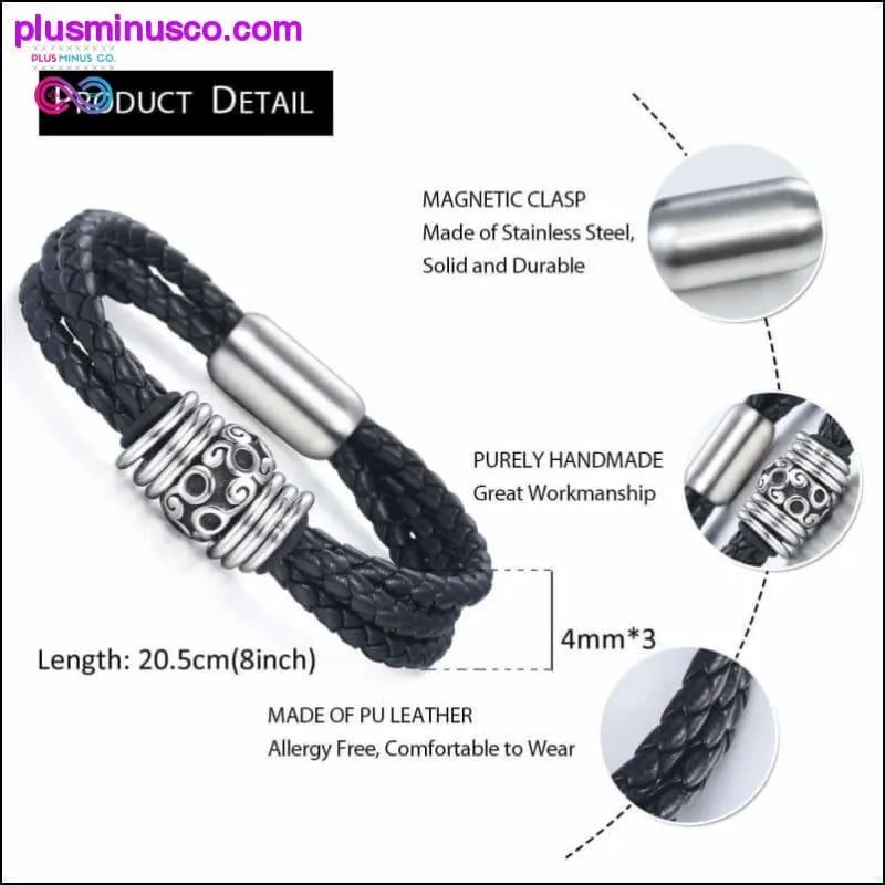 Multi-layer Braided Black Leather Stainless Steel Magnetic