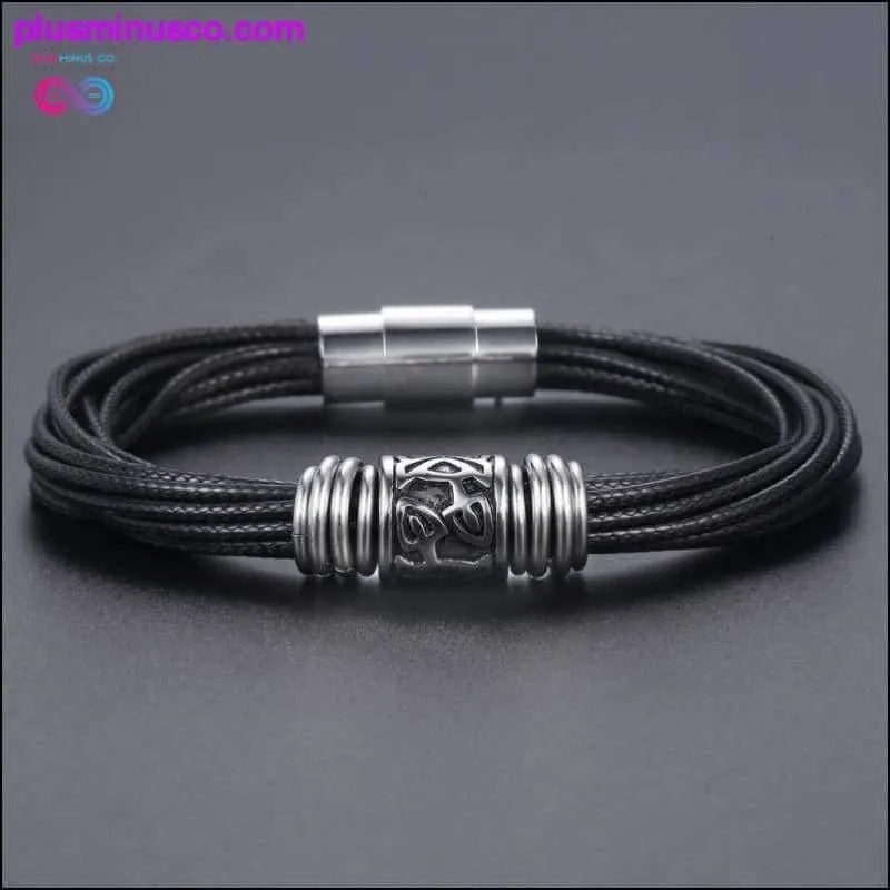 Multi-layer Braided Black Leather Stainless Steel Magnetic