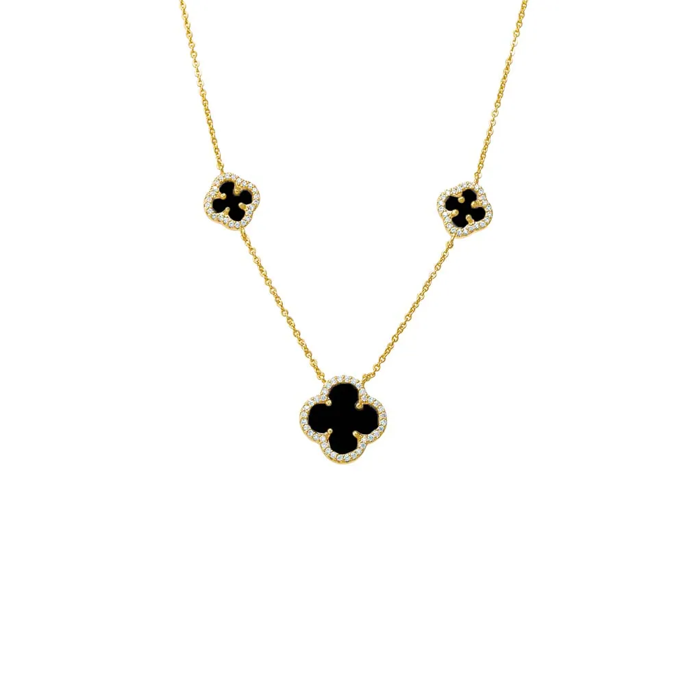 Multi Pave Outlined Colored Stone Clover Necklace