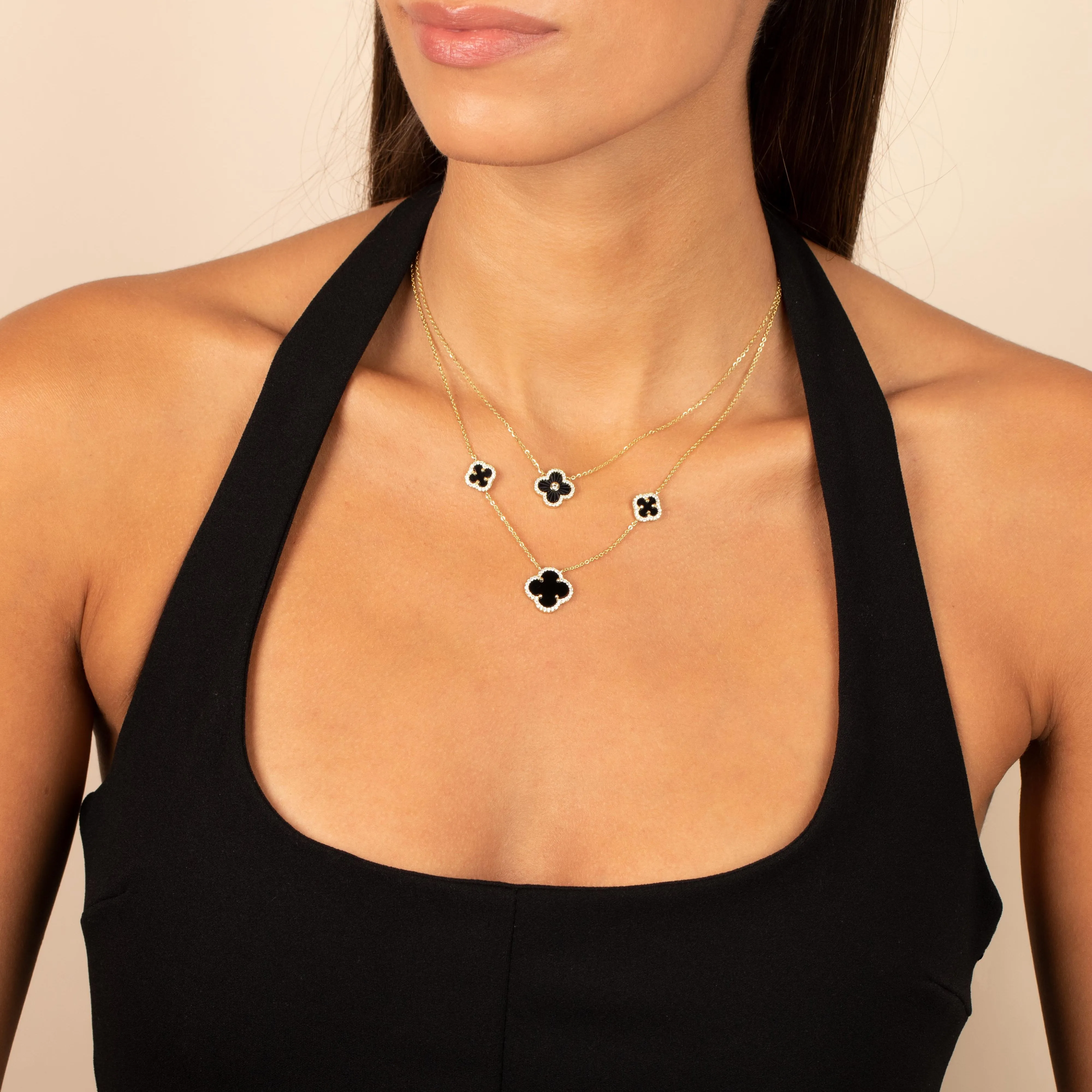 Multi Pave Outlined Colored Stone Clover Necklace