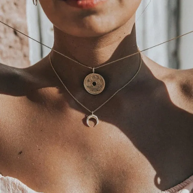 Multilayer Coin Tassels Lariat Bar Necklace