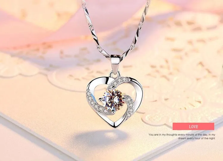 Natural CZ Heart Pendant Choker Necklace 925 Sterling Silver Chain Women Jewelry