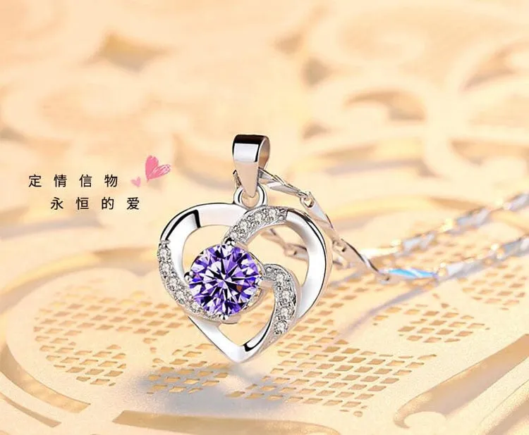 Natural CZ Heart Pendant Choker Necklace 925 Sterling Silver Chain Women Jewelry