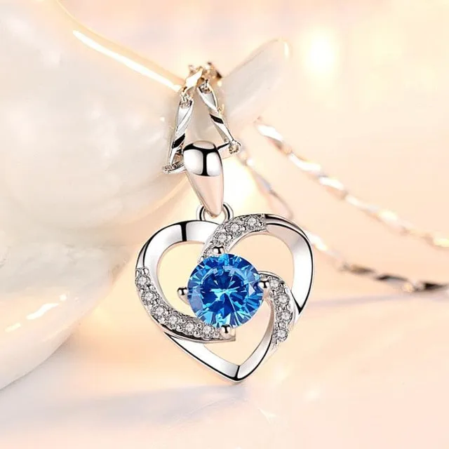 Natural CZ Heart Pendant Choker Necklace 925 Sterling Silver Chain Women Jewelry