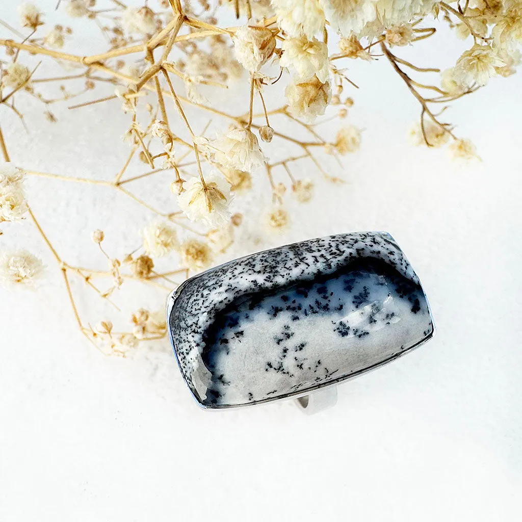 Natural Freeform Rectangular Cut Dendritic Agate Silver Ring - 30mm x 18mm