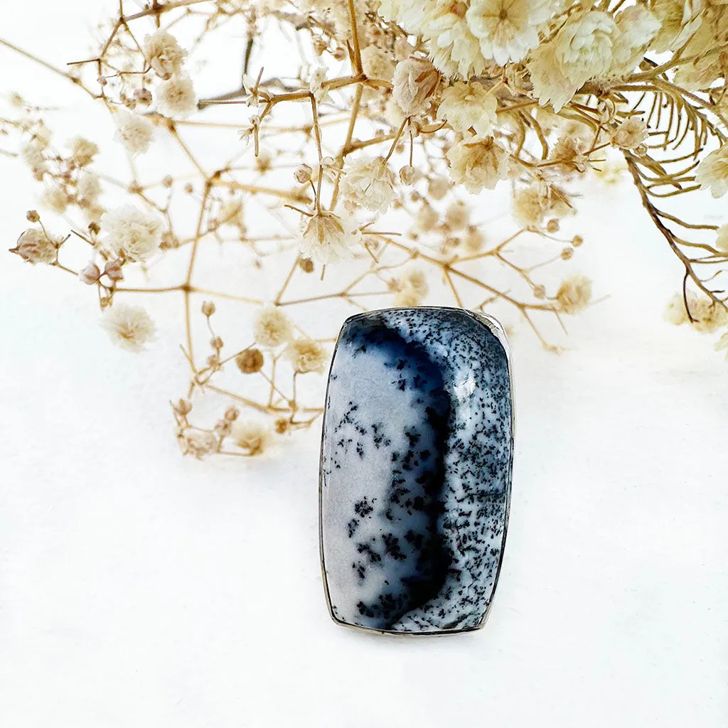 Natural Freeform Rectangular Cut Dendritic Agate Silver Ring - 30mm x 18mm