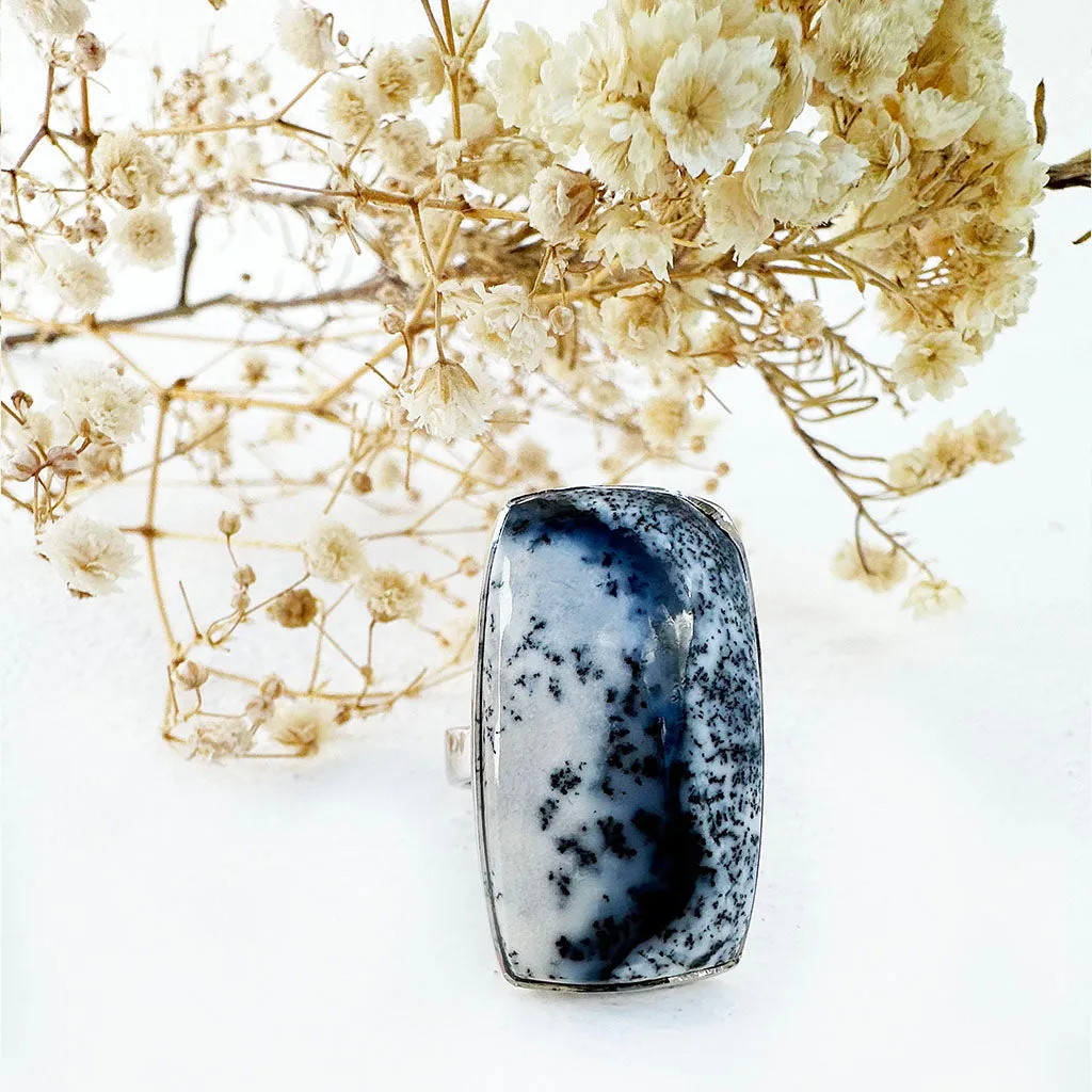 Natural Freeform Rectangular Cut Dendritic Agate Silver Ring - 30mm x 18mm